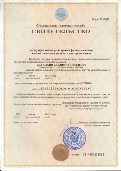 ОГРНИП Бабушкин В.Я.