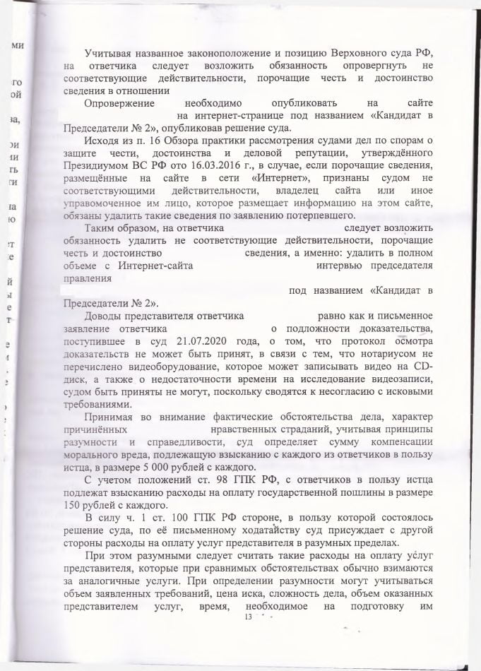 13 Решение Ленинского районного суда по защите чести и достоинства